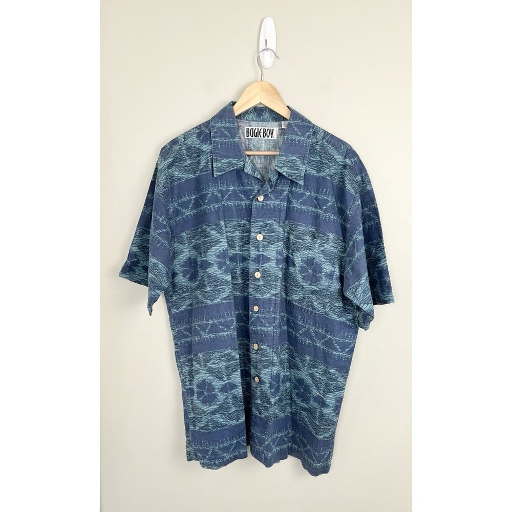 Bugle Boy Button Shirt Vintage Short Sleeve‎ Blue Green Sz XL Geometric